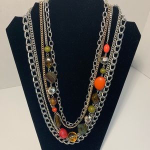 Chico’s Multistrand Necklace Silver Tone Chain Link Colorful Beads 18” Tiered